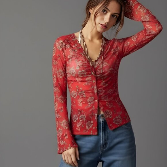 Boho Floral Print Blouse Red - Picture 3 of 9